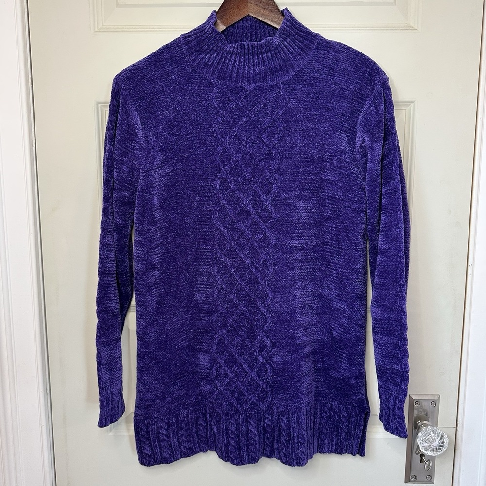 VTG 90s Yarnworks M Purple Mock Turtleneck Classic Vertical Cable Knit Sweater